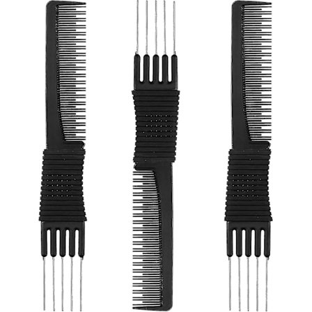 3-pak kulfiberkamme med metalpigge til at skabe volumen, frisør-backcomb-kamme i kulfiber med rustfrit stål (sort)