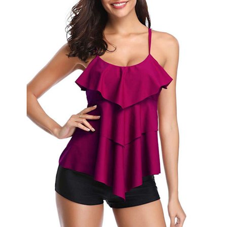 Kvinners Tankini badedrakt todelt magekontroll badedrakt med volang badedrakt topp med gutteshorts badedrakt (vinrød) L