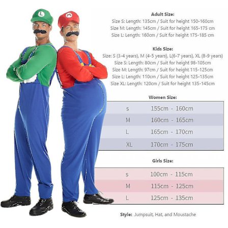 Super Mario Bros Unisex Aikuisten & Lasten Cosplay Maskaraattiasu Puku Naiset Luigi