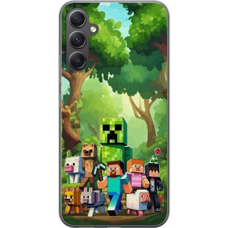 Kompatibelt Mobildeksel til Samsung Galaxy A24 4G Blokkete pikselerte spillverden med grønne figurer og dyr i frodig skogsmiljø