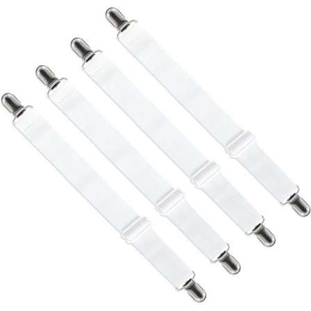 Justerbara lakansträckare (65 cm till 200 cm), justerbara remfästen för lakan, soffa, strykbrädesöverdrag (vit, 4-pack)