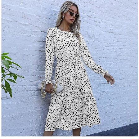 Sommer Høst Lett Moden Leopardmønster Lang Kjole Kvinner Uformell O-hals Langermet Høy Midje Slank Halter S-XL