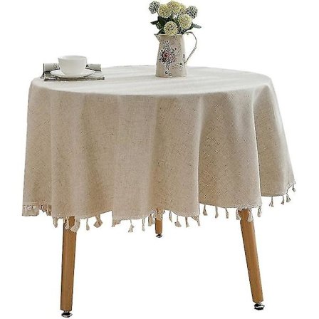 Enfärgad rund bordsduk med tofsar, bordsöverdrag i bomullslinne för kök, matsal och bondgård