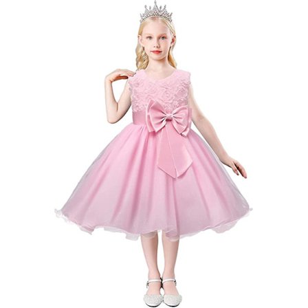 Tjejklänning Paljetter, tredimensionell blomklänning i tyll och spets (rosa, 140 cm) .4