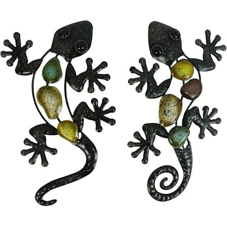 Metall Gecko Veggdekor Øgle Hagekunst Hengende Utendørsdekorasjoner for Terrasse eller Gjerde, Sett med 2