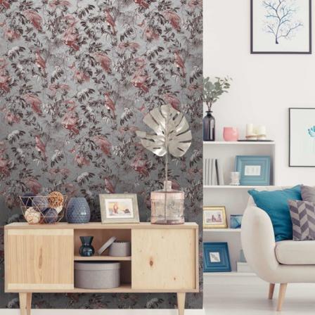 Dutch Wallcoverings Tapet Blad Och Fåglar Röd Och Silver Röd