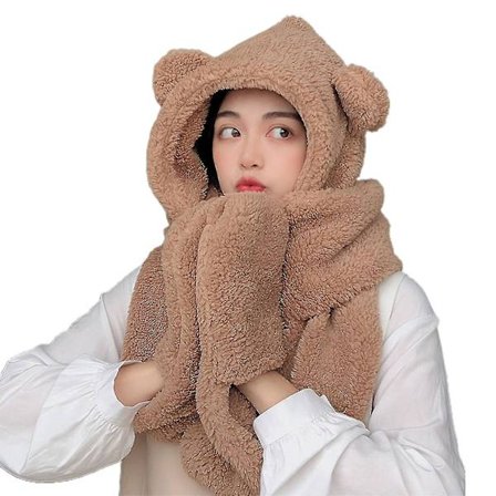 Naisten hattu, yksivärinen, karhun korvat, syksy, talvi, kylmänkestävä, reunaton lippalakki, huivi, hanskat ulkoiluun (kahvi)