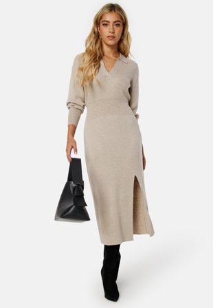 VILA Marla L/S Collar Long Knit Dress 12 NATURAL MELANGE Klær