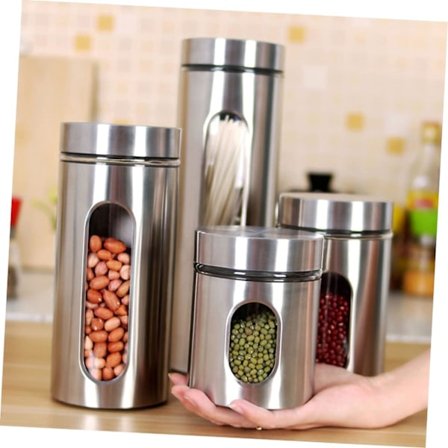 Set med 4 Förvaringsburkar Tätningsburkar Behållare i Rostfritt Stål