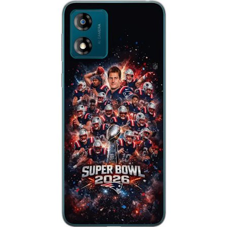Yhteensopiva Puhelinkuori Motorola Moto E13 Super Bowl 2026 juliste, jossa New England Patriots ja NFL-mestaruuspalkinto räjähtävän urheilullisessa su