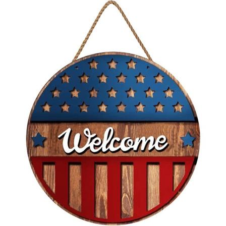 4. juli velkomstskilt, inngangsdørdekor rund trehengende skilt 1 stk amerikansk flagg minnedag hengende ornament for dørveggvindu