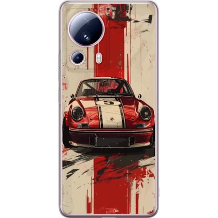 Xiaomi 13 Lite Gennemsigtig cover Klassisk rød racer bil med hvide striber retro sports bil illustration til bilentusiaster og motorsport fans