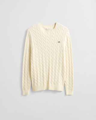 GANT - Kabelstrikket genser i bomull med rund hals til herre cream