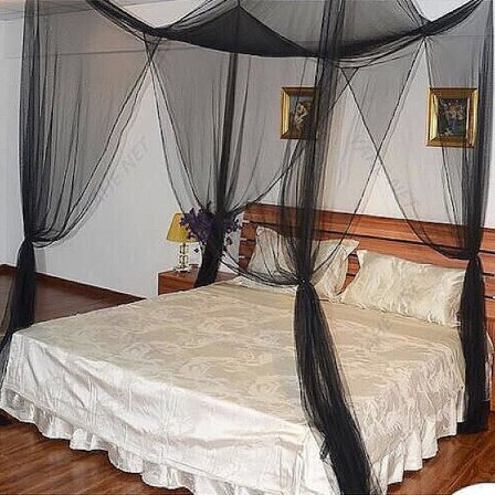 Stort firkantet myggenet med fire døre, hurtig og nem installation, til enkelt- og dobbeltseng – sort