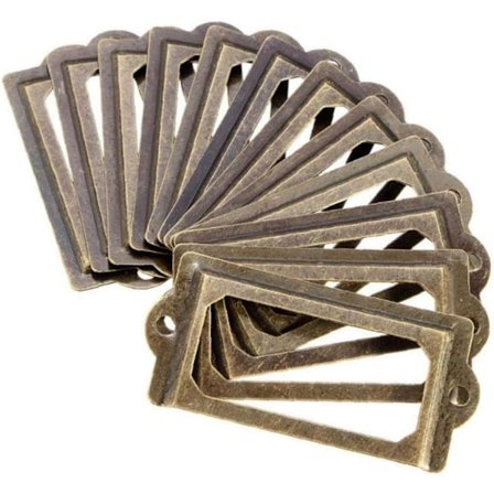 12 st Antik Mässing Metall Etikett Drag Ram Handtag Fil Dörr Namnkort för Möbel Låda Skåp Box Fodral Bin