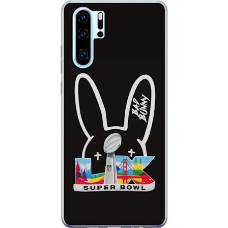 Kompatibelt Mobildeksel til Huawei P30 Pro Bad Bunny portrett med åpen skjorte, tatoveringer og krøllete hår i stilfull motefotografering