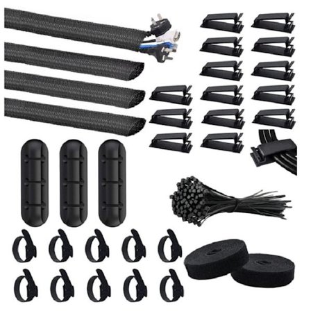 Kabelhanteringskit, 4 trådorganiseringshylsor, 3 kabelhållare, 10+2 kabelorganisationsband, 15 stora sladdklämmor, 100 kabelband för TV PC-dator under