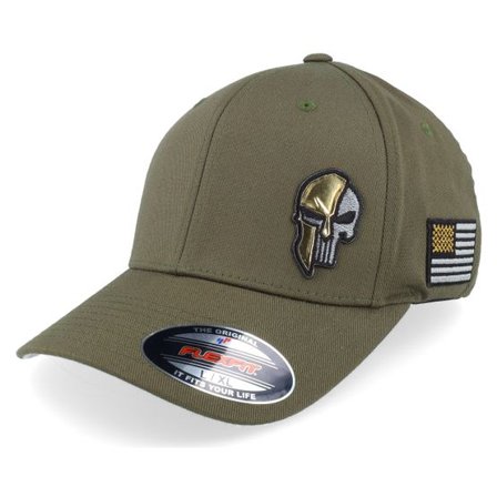 Army Head - Grön flexfit Keps - Army Skull Usa Gold Patch Olive Flexfit @ Hatstore
