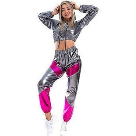 Dame Rave Outfit Skinnende Cropped Top Hættetrøje Metallisk Afslappet Lange Bukser Hætte Workout Sweatshirt Disco Danse Clubwear (Medium Grå)
