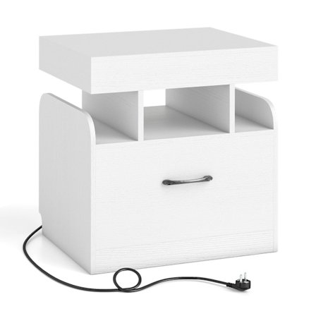 Yöpöytä latausasemalla, laatikolla ja avohyllyillä, valkoinen
