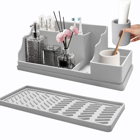 2-i-1 Silikon Badrum Tandborsthållare Organizer - Bänkskiva Förvaringslåda med Dräneringsbricka