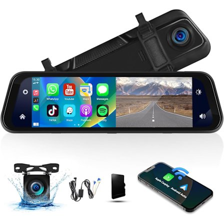 Spejl Dash Cam med trådløs Apple CarPlay Android Auto, 1080P forreste og bageste dobbelt Dash Cam til biler, lastbiler, 9,66 '' IPS Touchscree