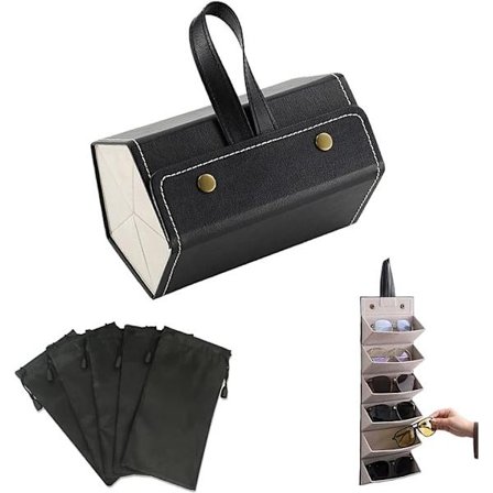 Solbriller opbevaringsboks, 5 rum solbriller rejsearrangør, PU sammenklappelig briller display boks, bærbar briller boks, hængende briller etui