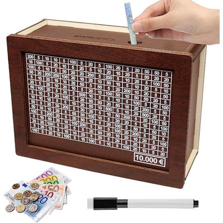 Puinen säästölipas, puinen rahakassa lapsille, 10000 säästölipas laskurilla, säästölipas säästötavoitteella ja numeroilla, säästölipas lapsille, 