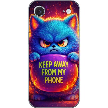 Yhteensopiva Puhelinkuori Apple Apple iPhone 17 Air Vihainen pörröinen sininen kissa, jossa teksti "Pidä loitolla puhelimestani" neonväreillä ja