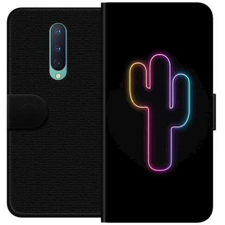 Kompatibelt Plånboksfodral till OnePlus OnePlus 8 Neonillustration av kaktus i rosa och blått ljus mot mörk bakgrund