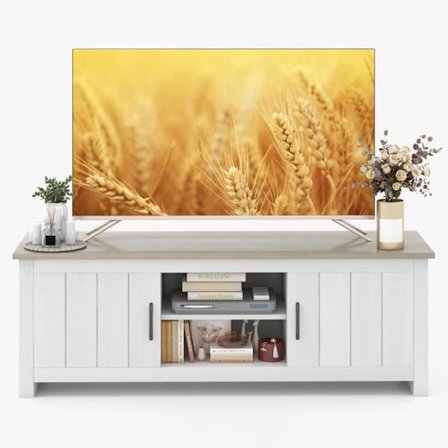 COSTWAY 60" TV-taso, 4 osastoa, 2 ovea, 2 kaapelinhallintareikää, olohuoneeseen, makuuhuoneeseen, 145 x 39,5 x 49,5 cm, harmaa