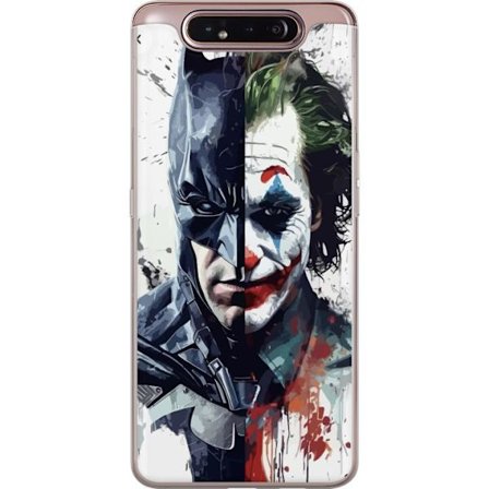 Kompatibelt Mobildeksel til Samsung Samsung Galaxy A80 Delt portrett av Batman og Joker i dramatisk illustrasjon, ikonisk superhelt motiv med mørk ku