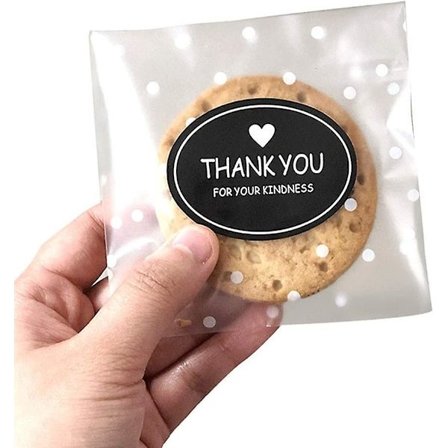 200 stk. Vita Prikkede Selvklæbende Slikposer Cellofanposer Kageposer, Festposer Til Bageri, Slik, Kager (10 x 10 cm, Med 200 stk. Tak