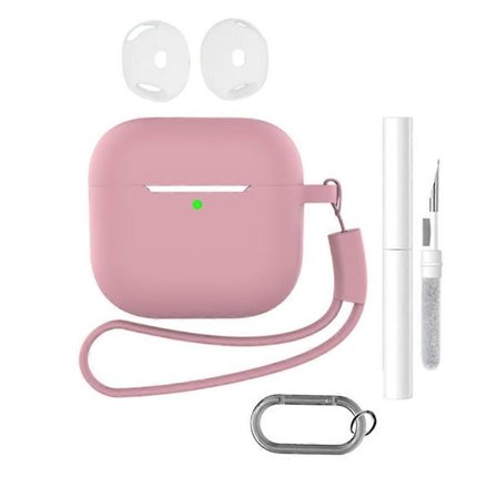 Lämplig för AirPods 4 hörlurar silikonskyddsset med anti-förlorad nyckelring, rem, öronproppar, rengöringspenna (rosa, bönrosa)
