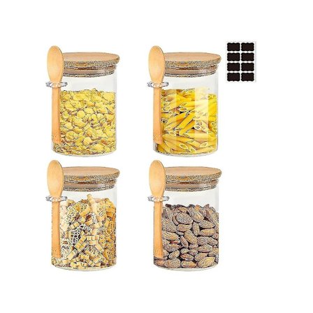 Glasburkar med bambulock och skedar, med lufttät lock, 15 Oz/450ml Glasmatförvaringsbehållare 9
