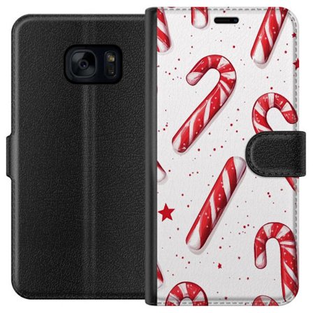 Yhteensopiva Lompakkokotelo Samsung Galaxy S7 Jouluinen pallokuoseilla varustettu kuvio punaisilla ja valkoisilla piparminttutankoilla, tähdillä ja lu