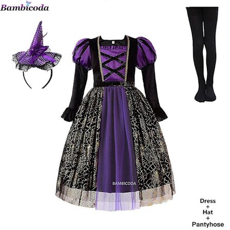 Halloween Barnekjoler Jenter Heks Festkjole Gotisk Spøkelseskostyme Barn Kjole Robe Tutu Kjole Hekshatt For Purim Karneval Fest -a