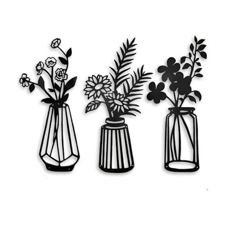 3-delt metallblomster veggdekor, metallvase blomster veggdekorasjon, svart metall veggdekor kunst for stue bad soverom, svart veggkunst for K