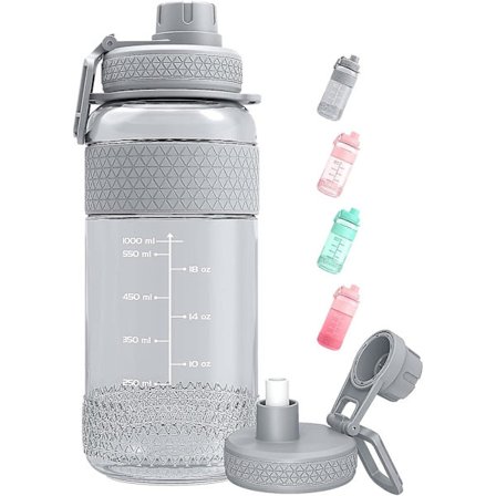 Motiverende vandflaske med sugerør, 1L/2L sportsvandflaske med tidsmarkør, BPA-fri, lækagesikker, holdbar (grå)