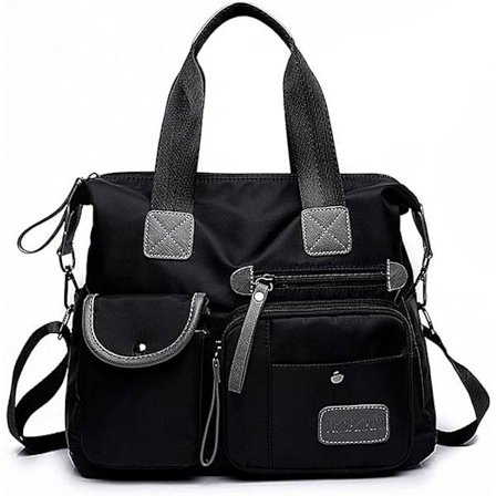 Tote taske til kvinder, stor kapacitet top håndtasker med multi lommer og lynlås, lette dame skuldertasker, nylon crossbody (ren sort)
