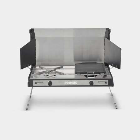 Camping stove Primus Tupike Stove, 3000 W, with integrated piezo ignition + grill & griddle plate, + Summer Gas (450 gram)
