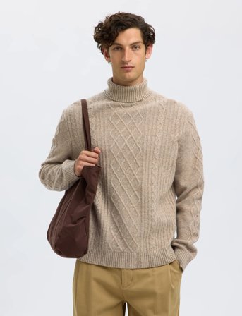 Selected Slhneil Ls Knit Relaxed Cable Roll Neck - Beige - XXL