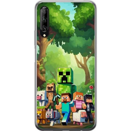 Kompatibelt Mobildeksel til Huawei P smart Pro 2019 Blokkete pikselerte spillverden med grønne figurer og dyr i frodig skogsmiljø