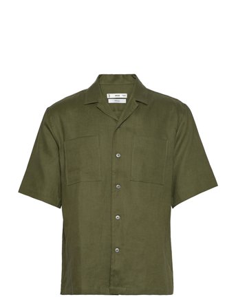 Mango 100% Linen Bowling-Collar Shirt - Green - S