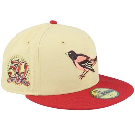 New Era - MLB Beige fitted Caps - Baltimore Orioles Shortcut 59FIFTY 50th Anniversary Gold/Scarlet/Pink Fitted @ Hatstore