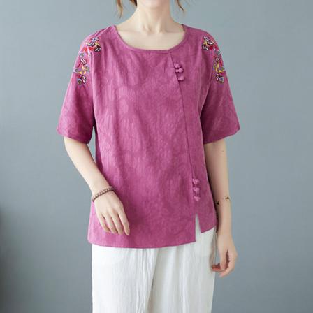 Broderi T-shirt För Kvinnor Med Rund Hals T-shirt
