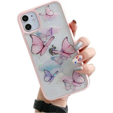 iPhone 12 Sommerfugl Cover, Shinymore Sødt Smukt Sommerfugl Glitter Stødsikkert Blødt Silikone Gennemsigtigt Pige Dame Cover til iPhone 12 Pink