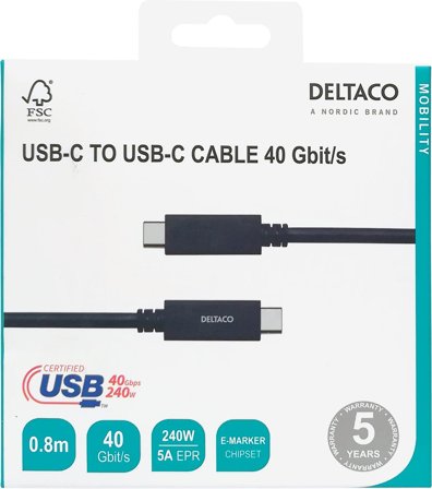 Deltaco USB4 gen3, USB-C - USB-C, 5A EPR, black, 0,8m