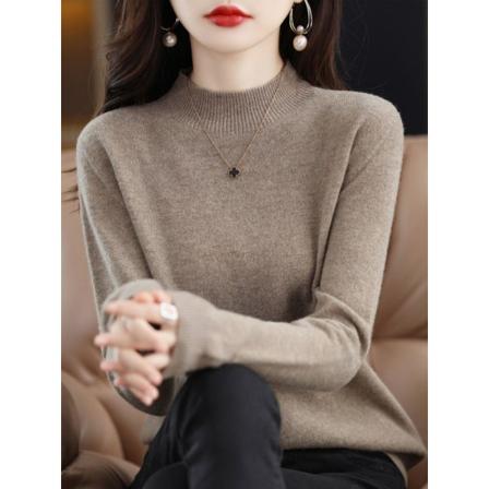 Dam flickor Stickad tröja Ulltröja med vanligt kärna garn halv turtleneck Camel XXL