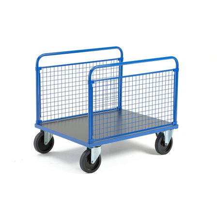Platform trolley TRANSFER, 2 long mesh sides, 1000x700 mm, elastic rubber, with brakes